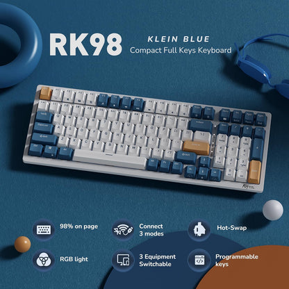 RK98 Wireless Mechanical Keyboard Triple Mode 2.4G/BT5.1/USB-C 100 Keys Hot Swappable Brown Switches with Number Pad RGB Backlit 3750Mah Battery NKRO Gaming Keyboard Ergonomic Design