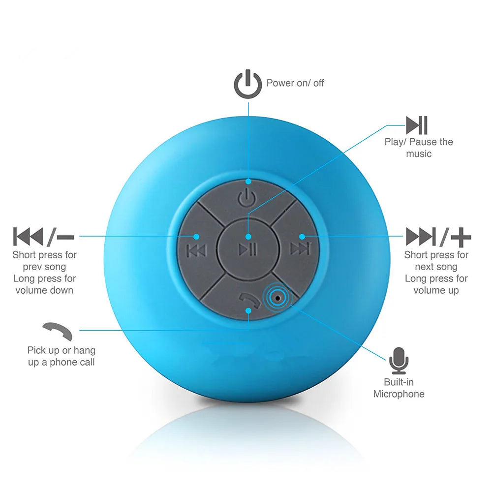 Mini Bluetooth Speaker Shower Subwoofer Waterproof Handsfree Loudspeaker with Suction Cup Mic for Bathroom Pool Beach Car Phone