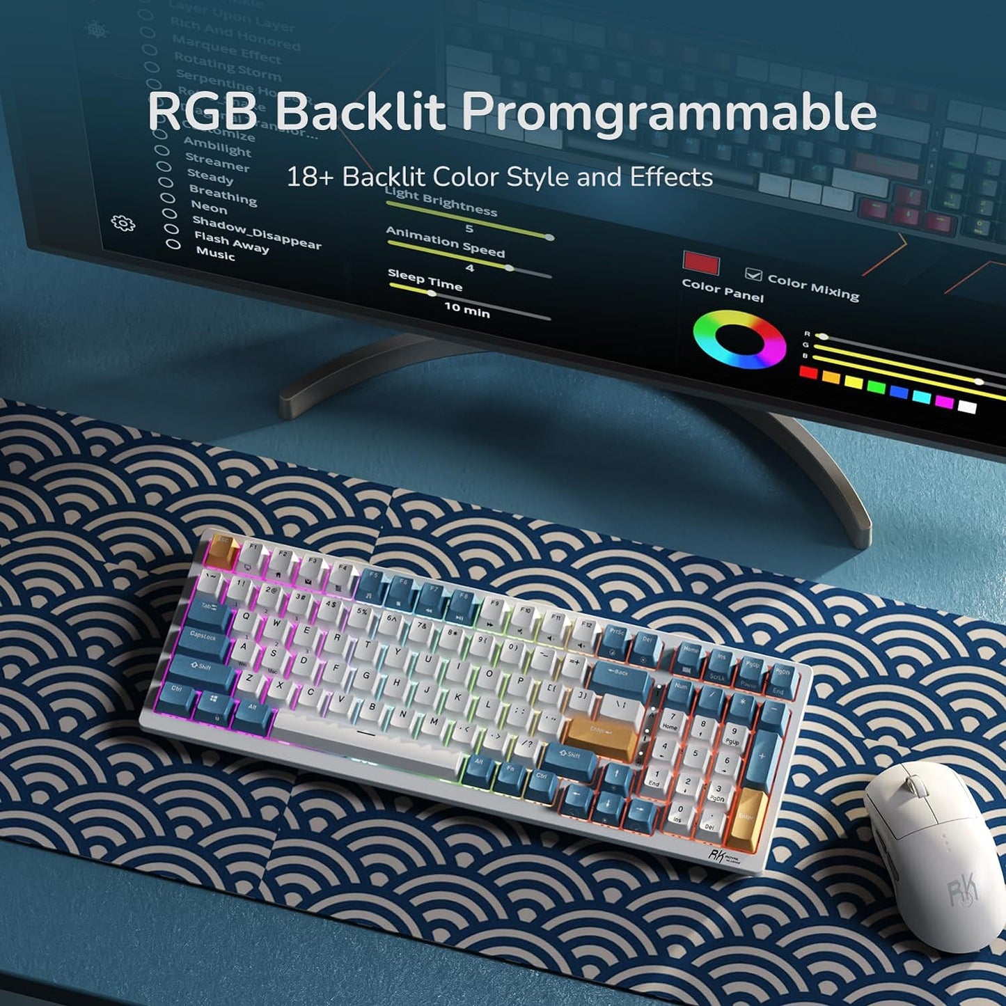 RK98 Wireless Mechanical Keyboard Triple Mode 2.4G/BT5.1/USB-C 100 Keys Hot Swappable Brown Switches with Number Pad RGB Backlit 3750Mah Battery NKRO Gaming Keyboard Ergonomic Design