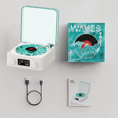 Waves Vinyl Player Bluetooth Speaker with White Noise Retro Turntable Speaker Sleep Aid Vitrola Shaped Speaker with RGB Light